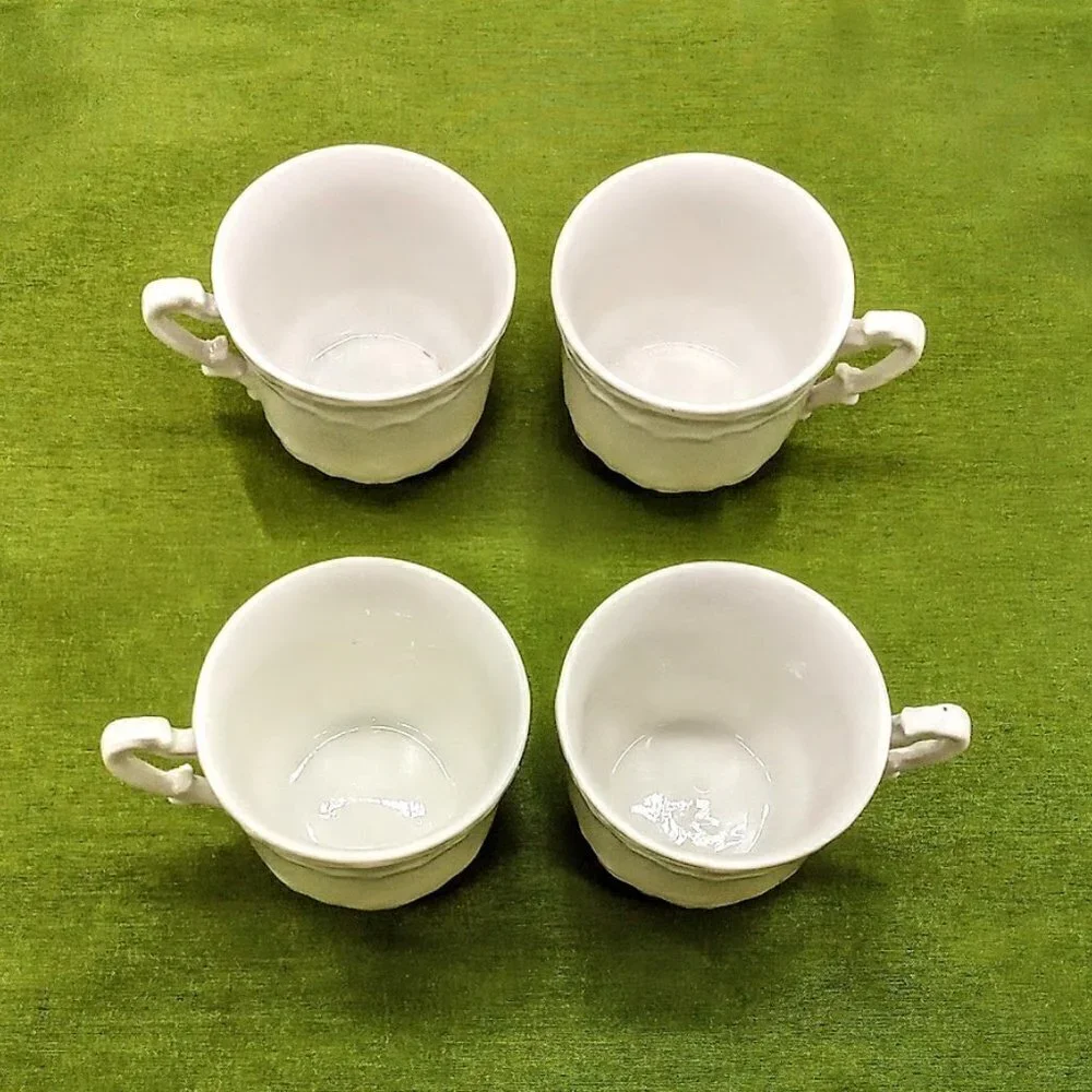 Set of 4 White Porcelain Demitasse Cups & Saucers